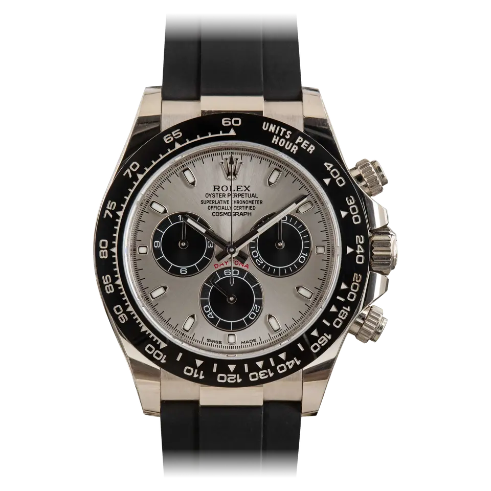 Rolex Cosmograph Daytona 116519LN with a steel-grey dial with black counters and a black ceramic tachymeter bezel in white gold on a black Oysterflex strap, a pre-owned example, front view of the whole watch