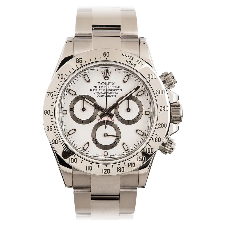 Rolex Cosmograph Daytona 116520 with a white dial with black-ringed sub-dials and steel tachymeter bezel on an Oyster bracelet, a pre-owned example, front view of the whole watch