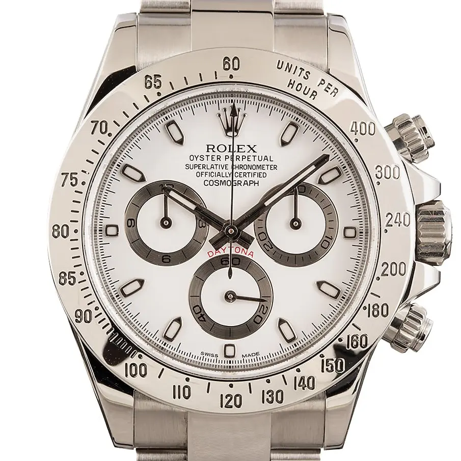 Rolex Cosmograph Daytona 116520 with a white dial with black-ringed sub-dials and steel tachymeter bezel on an Oyster bracelet, a pre-owned example, studio close-up of the case