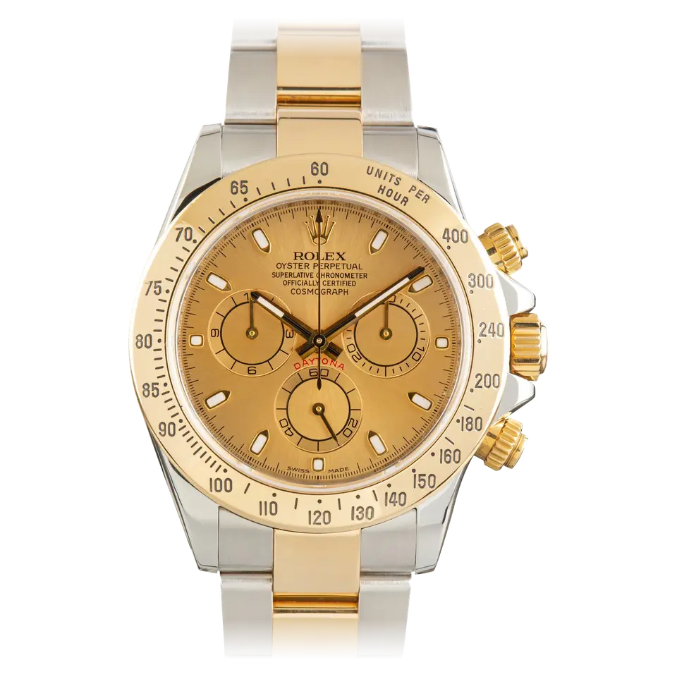 Rolex Cosmograph Daytona 116523 with a champagne dial with gold tachymeter bezel in steel and yellow gold on an Oyster bracelet, a pre-owned example, front view of the whole watch