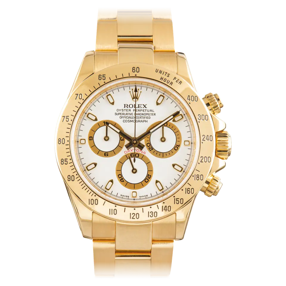 Rolex Cosmograph Daytona 116528 with a white dial with gold-ringed sub-dials in yellow gold on an Oyster bracelet, a pre-owned example, front view of the whole watch