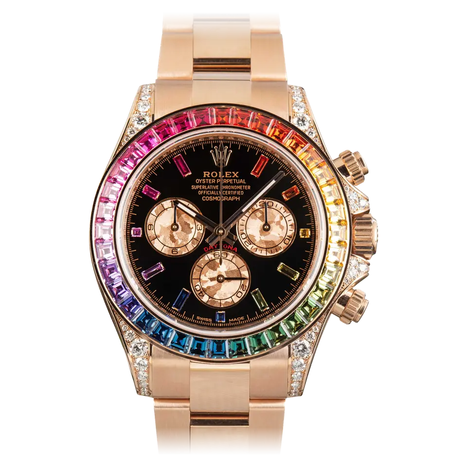 Rolex Cosmograph Daytona 116595RBOW with a black dial with sapphire hour markers and a rainbow sapphire bezel in Everose gold on an Oyster bracelet, a pre-owned example, front view of the whole watch