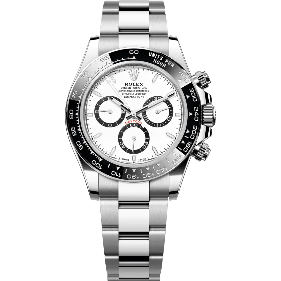 Rolex Cosmograph Daytona 126500LN with a white dial, black sub-dial rings and black ceramic tachymeter bezel on a steel Oyster bracelet, front view