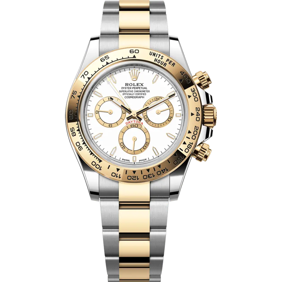 Rolex Cosmograph Daytona 126503 with a white dial with golden counters and a yellow gold tachymeter bezel on a yellow Rolesor Oyster bracelet, front view