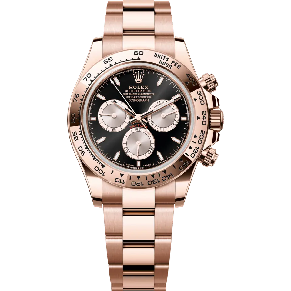 Rolex Cosmograph Daytona 126505 with a black dial with pink counters and an Everose gold tachymeter bezel on an Everose Oyster bracelet, front view