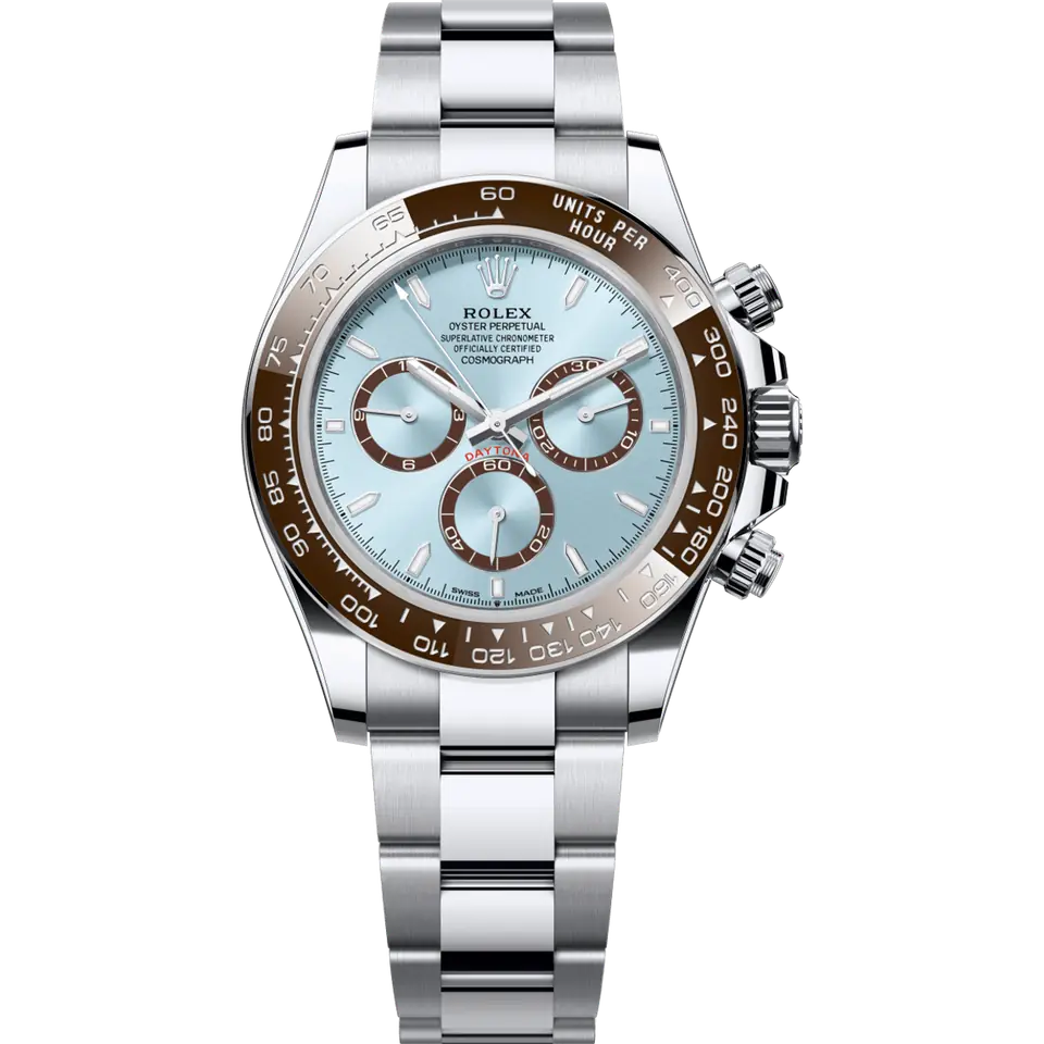 Rolex Cosmograph Daytona 126506 with an ice blue dial with brown counter rings and a chestnut brown ceramic bezel on a platinum Oyster bracelet, front view