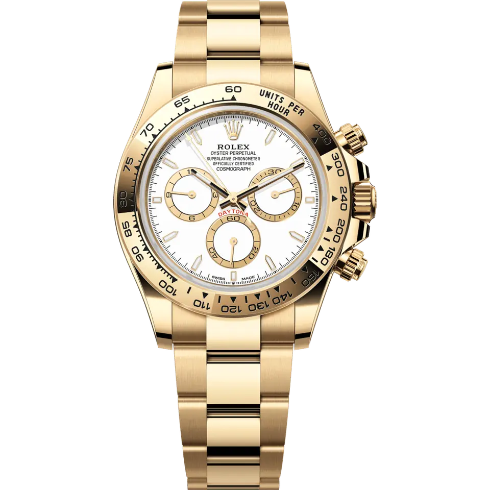 Rolex Cosmograph Daytona 126508 with a white dial with golden counters and a yellow gold tachymeter bezel on a yellow gold Oyster bracelet, front view