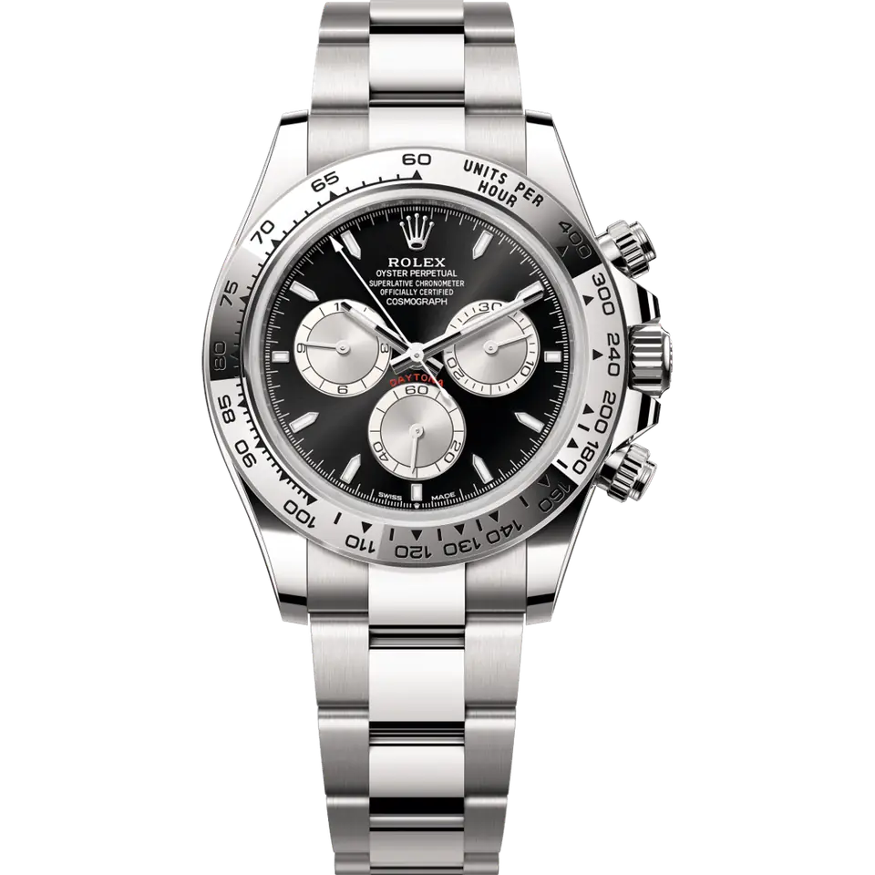 Rolex Cosmograph Daytona 126509 with a black dial with silver counters and a white gold tachymeter bezel on a white gold Oyster bracelet, front view