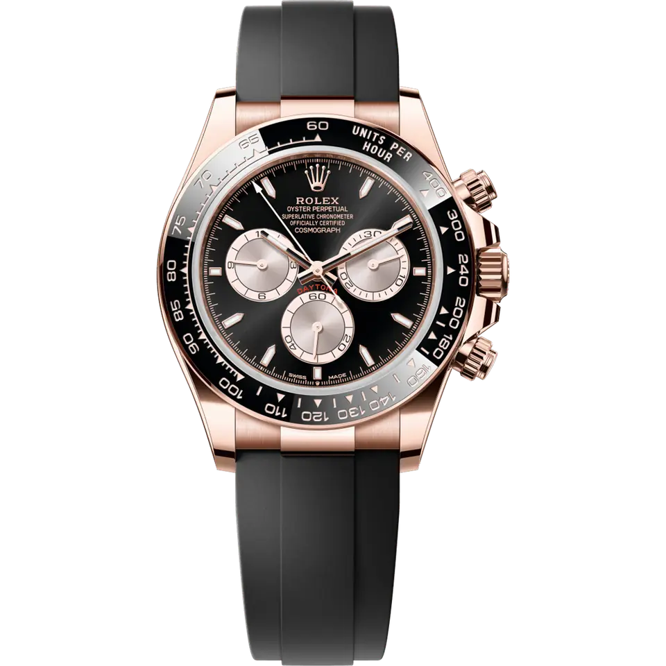 Rolex Cosmograph Daytona 126515LN with a black dial with pink counters and a black ceramic bezel on a black Oysterflex strap, front view
