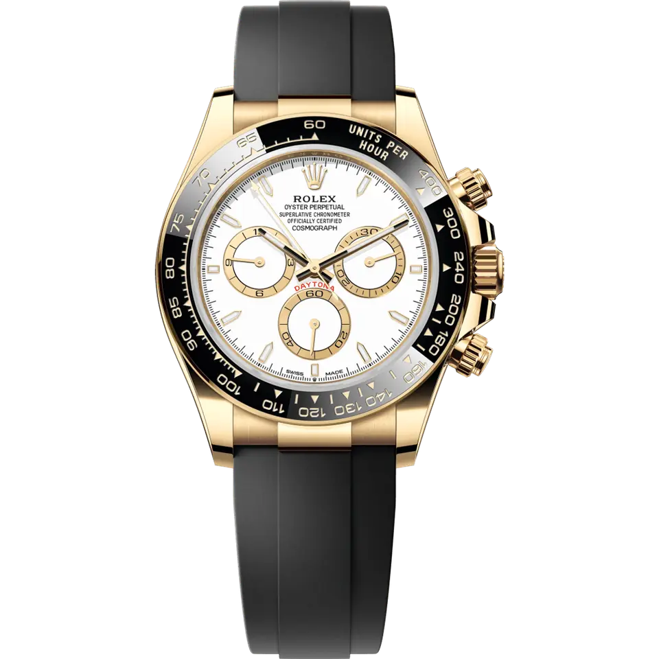 Rolex Cosmograph Daytona 126518LN with a white dial with gold sub-dial rings, black Cerachrom tachymeter bezel and a black Oysterflex strap, in 18k yellow gold, front view