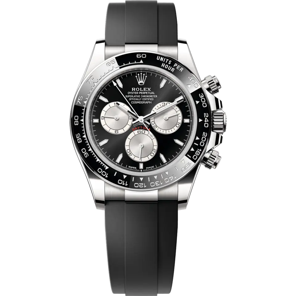 Rolex Cosmograph Daytona 126519LN with a black dial with silver counters and a black ceramic bezel on a black Oysterflex strap, front view