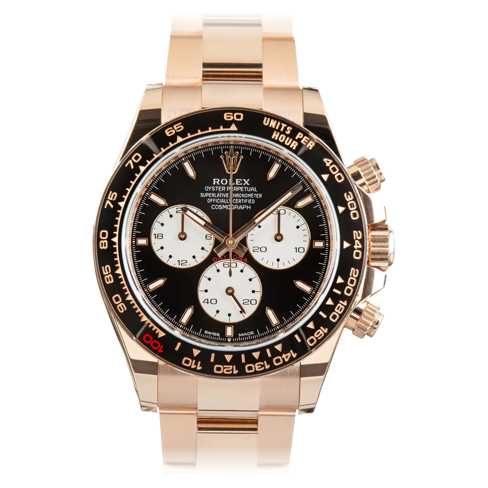 Rolex Cosmograph Daytona 126525LN with a black dial with white sub-dials and black ceramic bezel in Everose gold on an Oyster bracelet, a pre-owned example, front view of the whole watch
