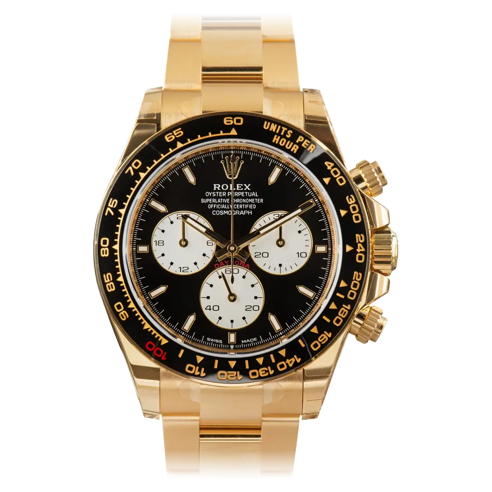 Rolex Cosmograph Daytona 126528LN with a black dial with white sub-dials and black ceramic bezel in yellow gold on an Oyster bracelet, a pre-owned example, front view of the whole watch
