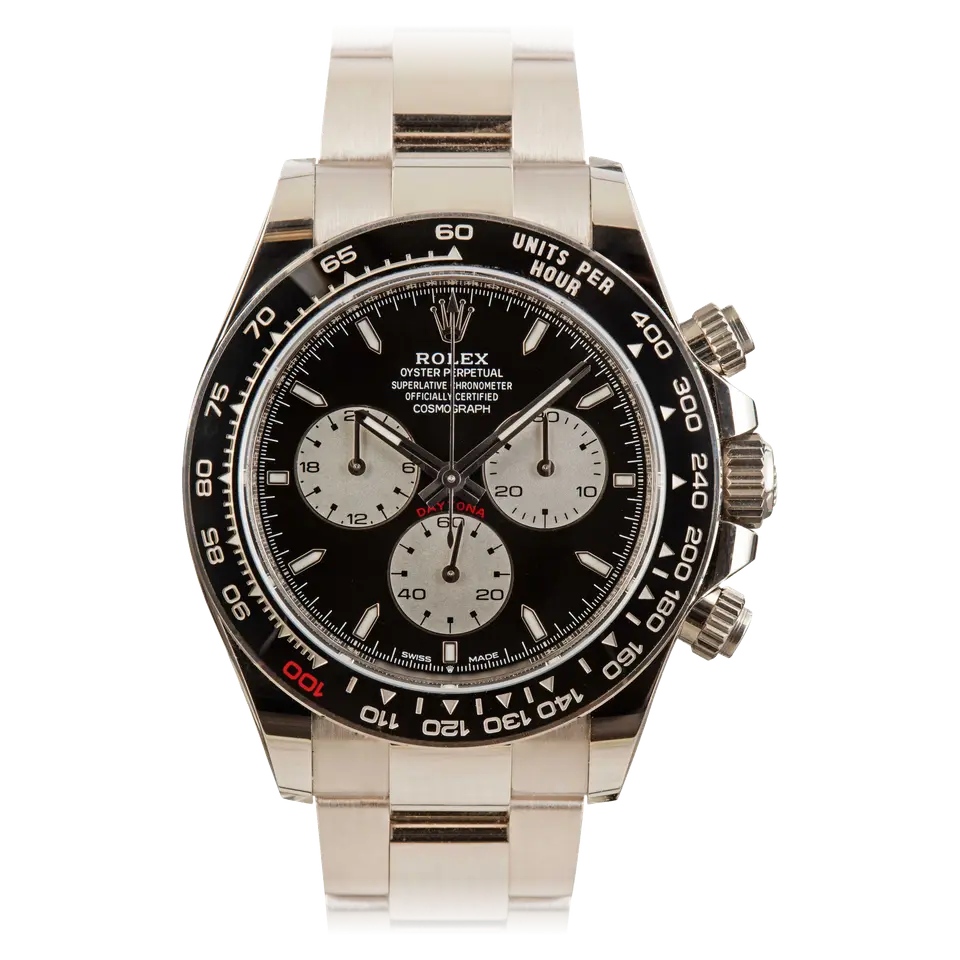 Rolex Cosmograph Daytona 126529LN with a black dial with white counters and a black ceramic bezel with a red 100 (Le Mans) in white gold on a metal bracelet, a pre-owned example, front view of the whole watch