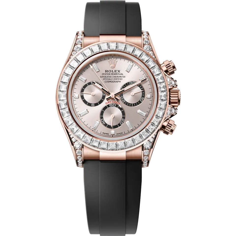 Rolex Cosmograph Daytona 126535TBR with a Sundust dial with baguette diamond hour markers, a baguette diamond bezel and diamond-set lugs on an Oysterflex strap, in 18k Everose gold, front view