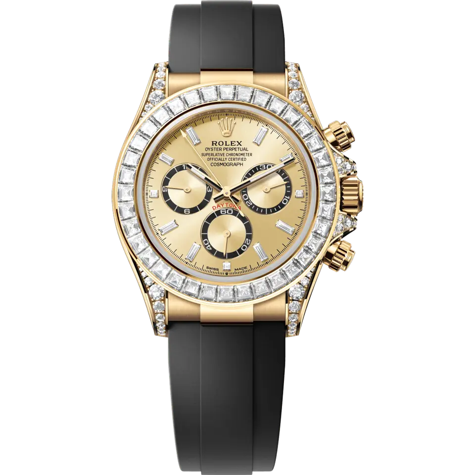 Rolex Cosmograph Daytona 126538TBR with a golden dial with black counters and a baguette diamond bezel on a black Oysterflex strap, front view