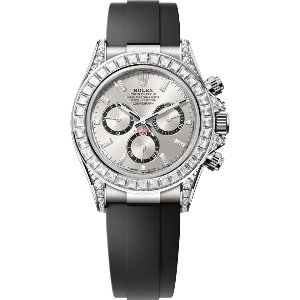 Rolex Cosmograph Daytona 126539TBR with a steel-coloured dial with baguette diamond hour markers, a baguette diamond bezel and diamond-set lugs on an Oysterflex strap, in 18k white gold, front view