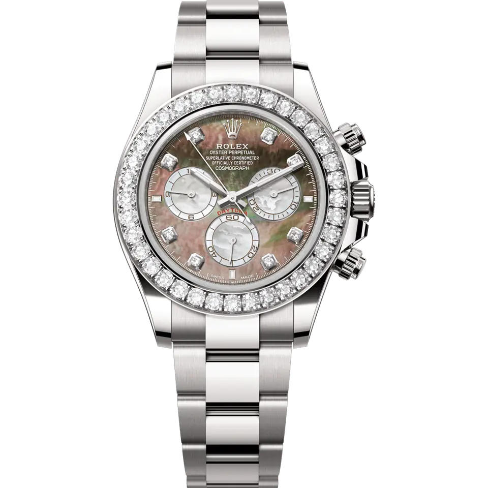 Rolex Cosmograph Daytona 126579RBR with a black mother-of-pearl dial with diamond hour markers and a diamond-set bezel on an Oyster bracelet, in 18k white gold, front view