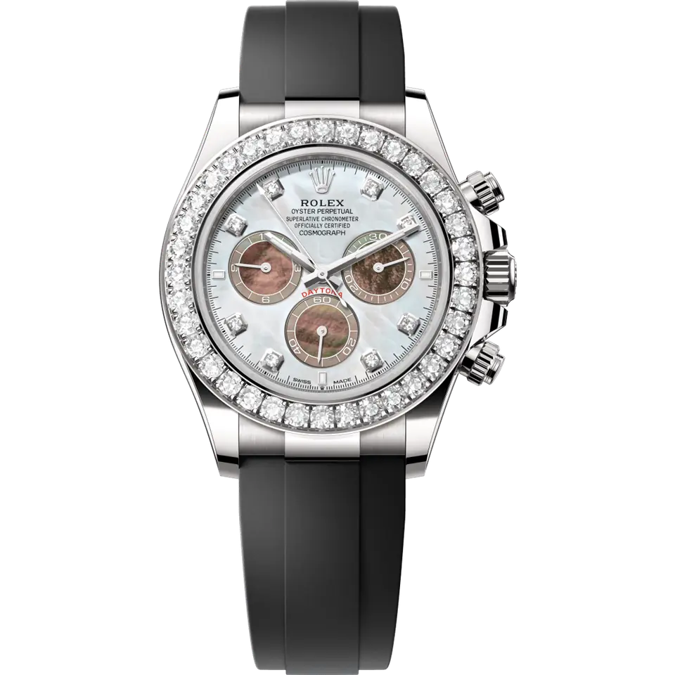 Rolex Cosmograph Daytona 126589RBR with a white mother-of-pearl dial with diamond hour markers and a diamond-set bezel on an Oysterflex strap, in 18k white gold, front view