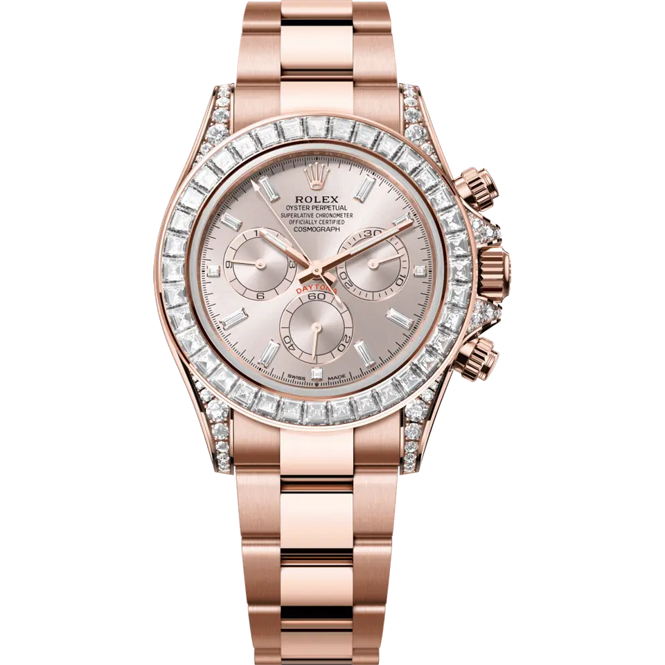 Rolex Cosmograph Daytona 126595TBR with a Sundust dial with baguette diamond hour markers and a baguette diamond bezel on an Oyster bracelet, in 18k Everose gold, front view