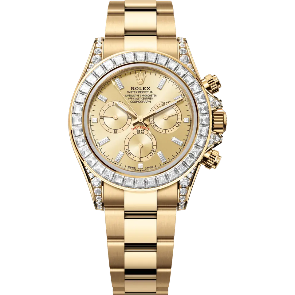 Rolex Cosmograph Daytona 126598TBR with a gold dial with baguette diamond hour markers and a baguette diamond bezel on an Oyster bracelet, in 18k yellow gold, front view
