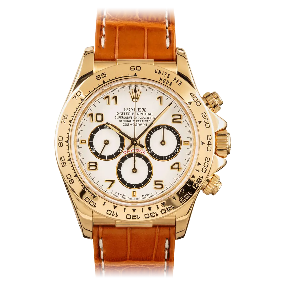 Rolex Cosmograph Daytona 16518 with a white dial with Arabic numerals in yellow gold on a leather strap, a pre-owned example, front view of the whole watch