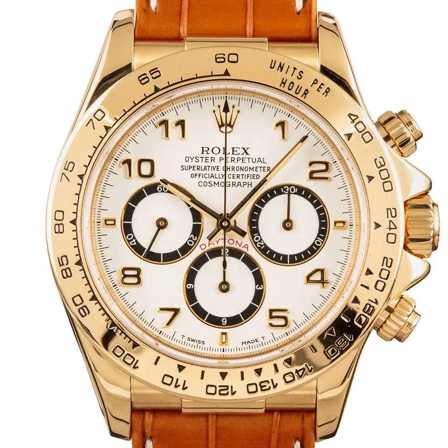 Rolex Cosmograph Daytona 16518 with a white dial with Arabic numerals in yellow gold on a leather strap, a pre-owned example, studio close-up of the case