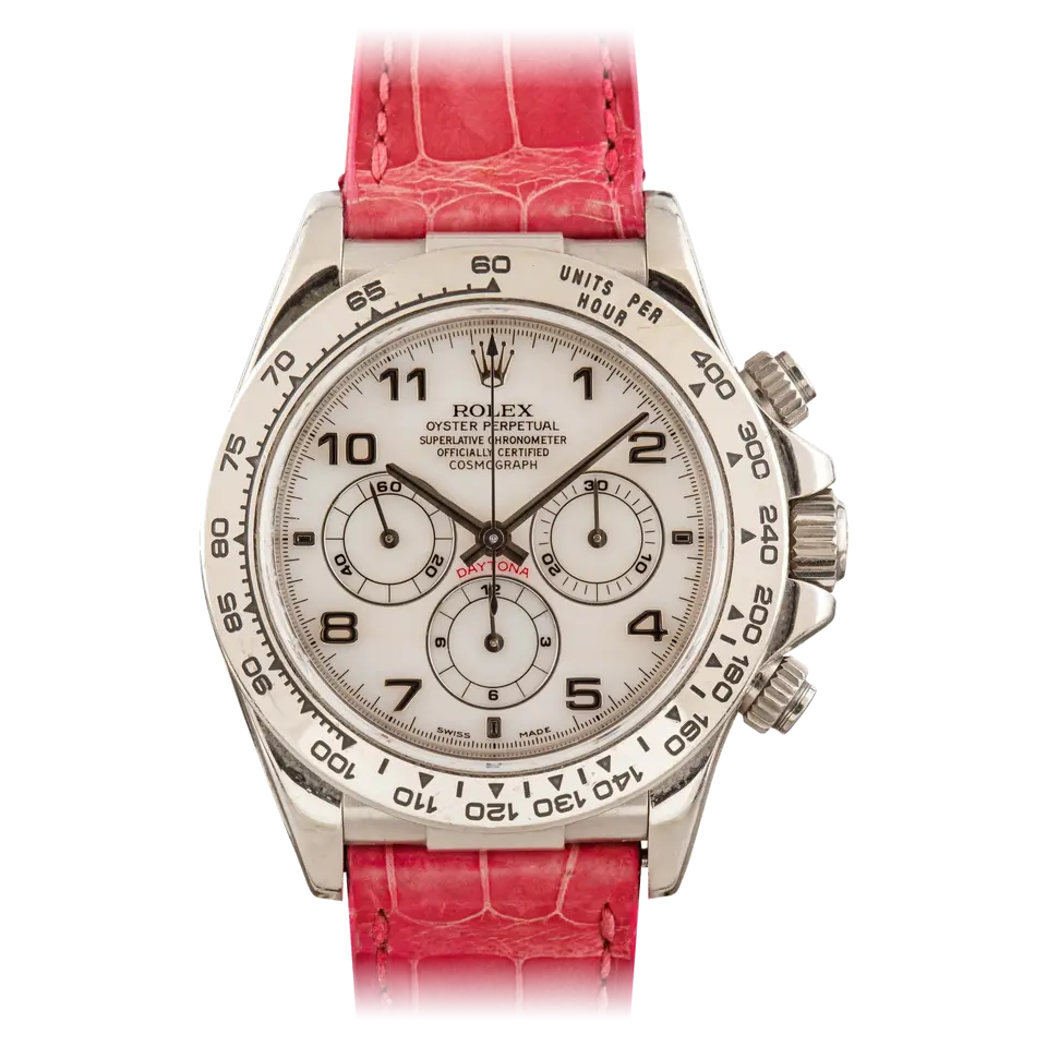 Rolex Cosmograph Daytona 16519 with a white dial with Arabic numerals in white gold on a leather strap, a pre-owned example, front view of the whole watch