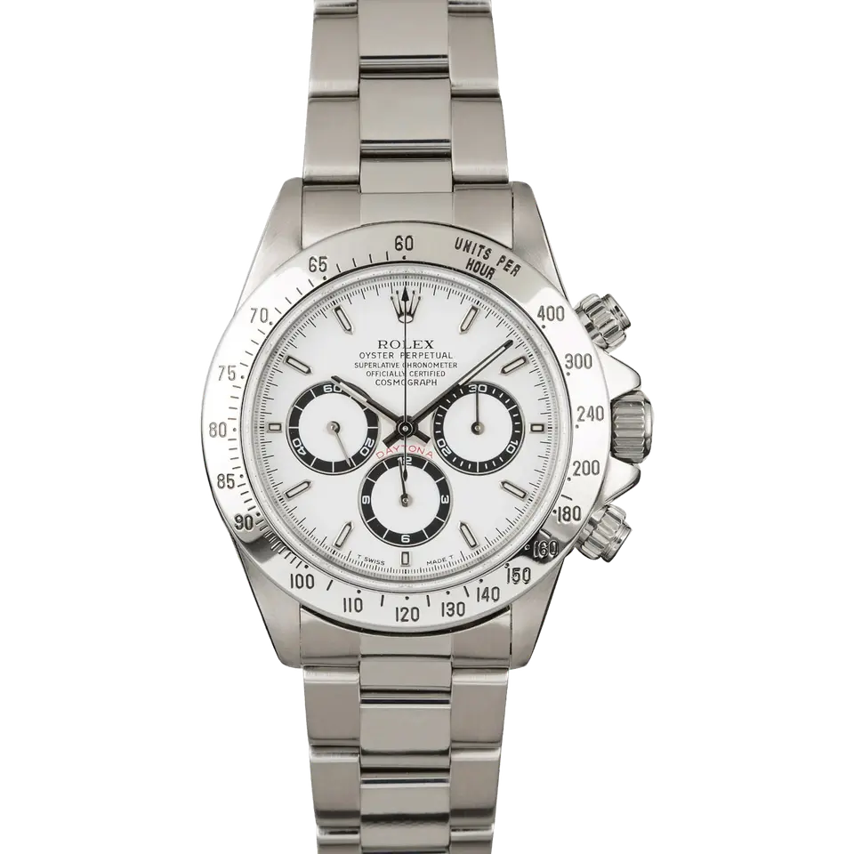 Rolex Cosmograph Daytona 16520 with a white dial with black-ringed sub-dials and steel tachymeter bezel on an Oyster bracelet, a pre-owned example, front view of the whole watch