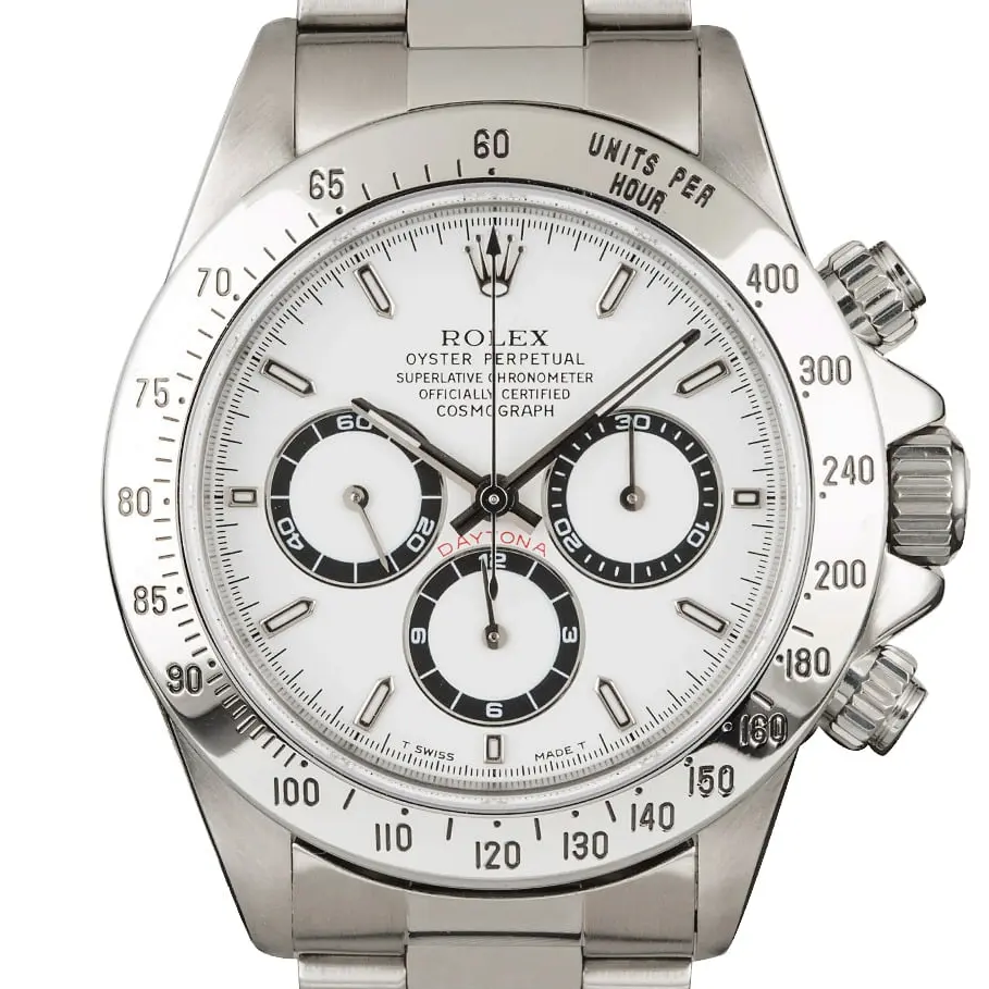 Rolex Cosmograph Daytona 16520 with a white dial with black-ringed sub-dials and steel tachymeter bezel on an Oyster bracelet, a pre-owned example, studio close-up of the case