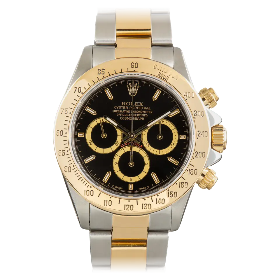 Rolex Cosmograph Daytona 16523 with a black dial with gold-ringed sub-dials in steel and yellow gold on an Oyster bracelet, a pre-owned example, front view of the whole watch