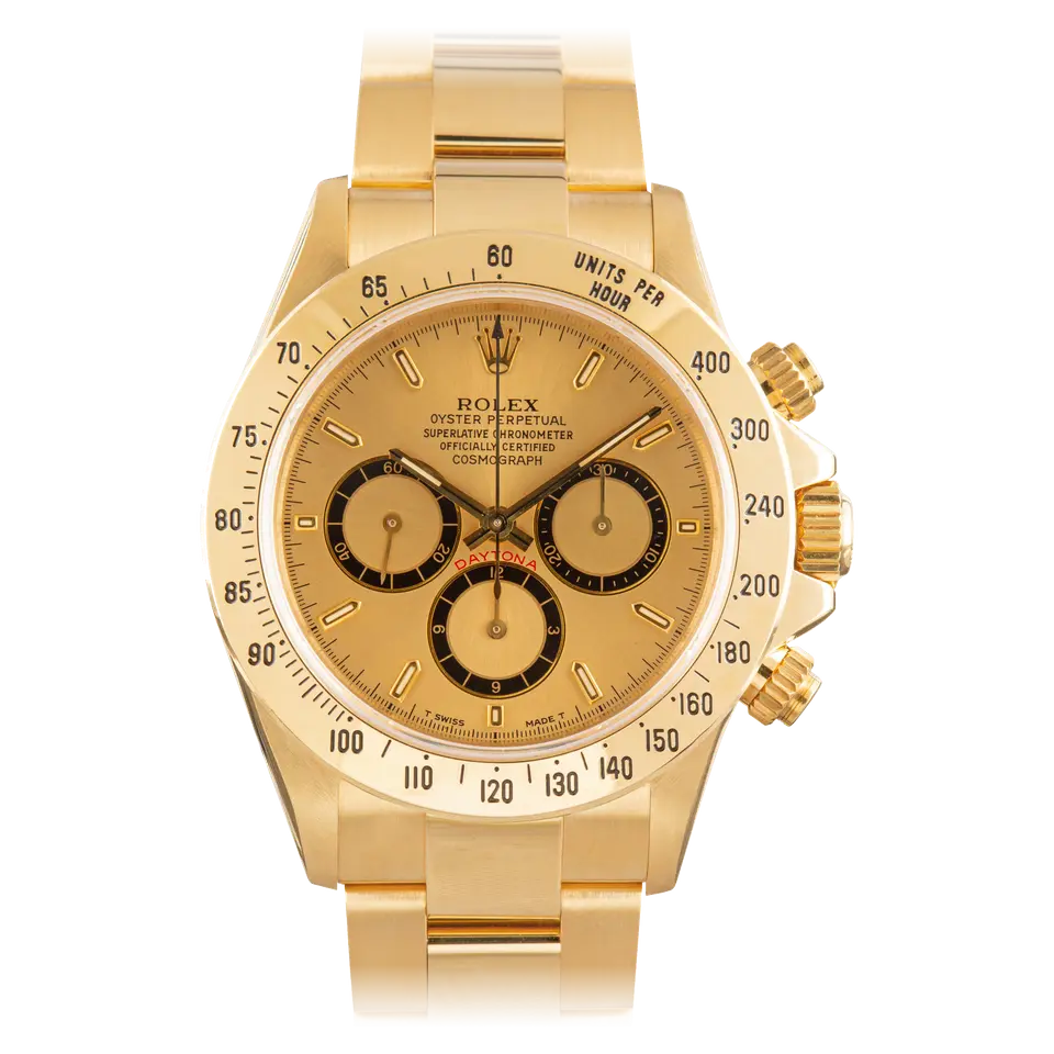 Rolex Cosmograph Daytona 16528 with a champagne dial with black-ringed sub-dials in yellow gold on an Oyster bracelet, a pre-owned example, front view of the whole watch