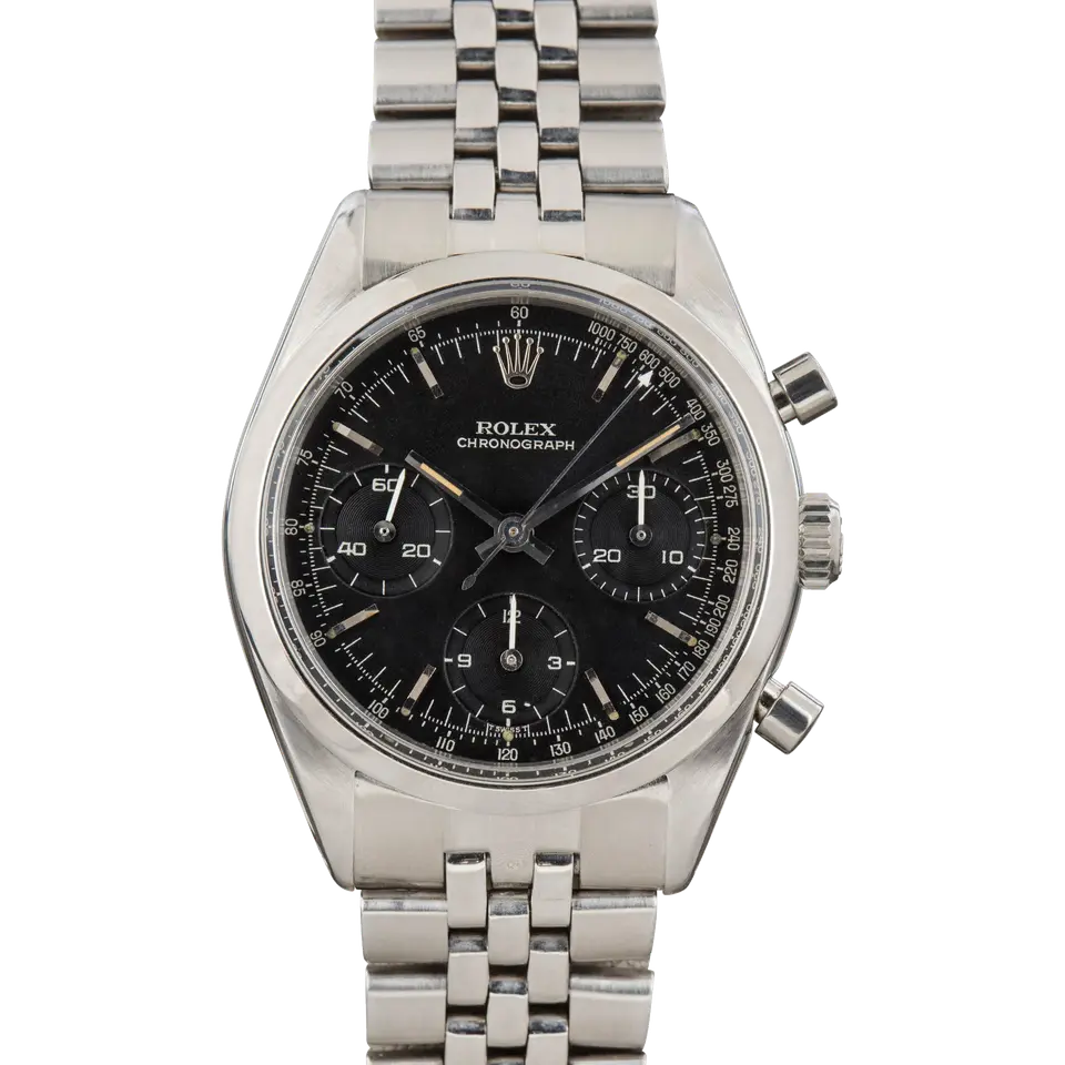 Rolex Cosmograph Daytona 6238 with a black single-colour dial with tachymeter scale, steel case, on a steel bracelet, a pre-owned example, front view of the whole watch