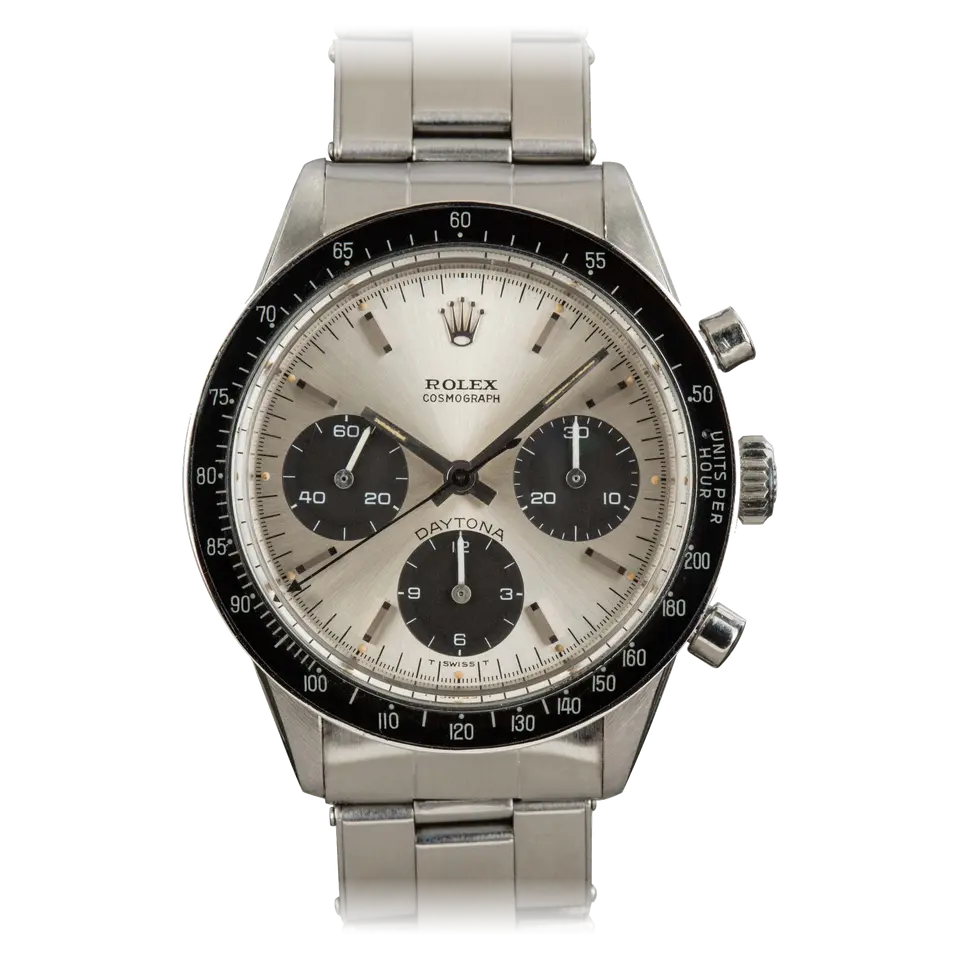 Rolex Cosmograph Daytona 6241 with a silver dial with black sub-dials and a black tachymeter bezel insert on a steel Oyster bracelet, a pre-owned example, front view of the whole watch