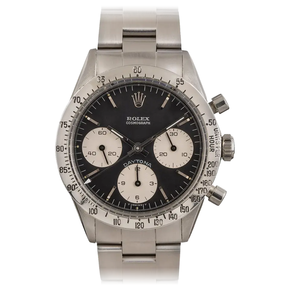 Rolex Cosmograph Daytona 6262 with a black dial with silver sub-dials and steel tachymeter bezel on an Oyster bracelet, a pre-owned example, front view of the whole watch