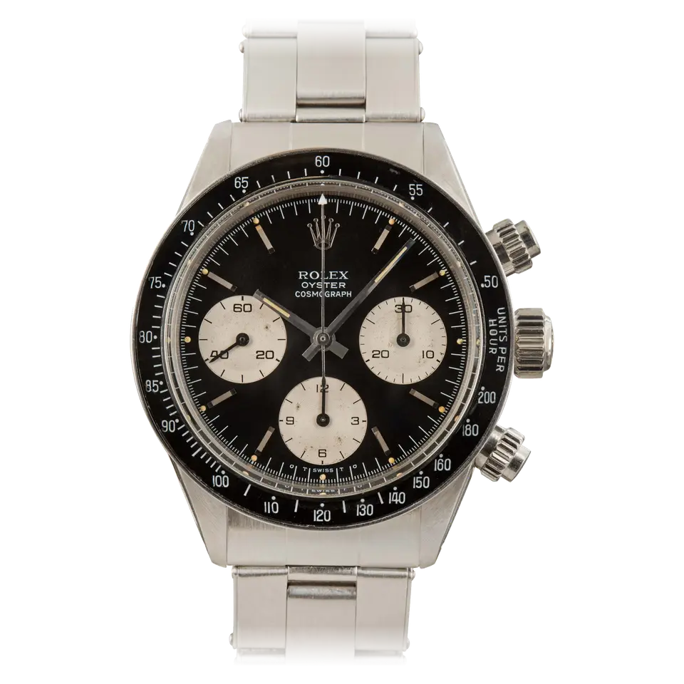 Rolex Cosmograph Daytona 6263 with a black dial with silver sub-dials and a black tachymeter bezel insert on a steel Oyster bracelet, a pre-owned example, front view of the whole watch