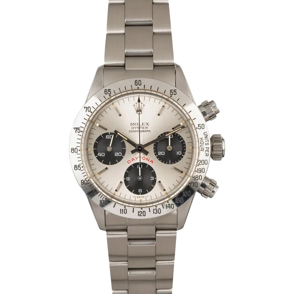 Rolex Cosmograph Daytona 6265 with a silver dial with black sub-dials and steel tachymeter bezel on an Oyster bracelet, a pre-owned example, front view of the whole watch