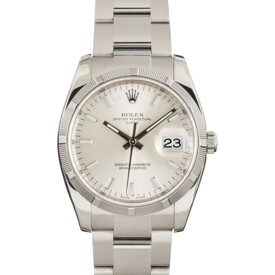 Rolex Oyster Perpetual Date 34 115210 with a silver dial with date, engine-turned steel bezel and steel Oyster bracelet, a pre-owned example, front view of the whole watch