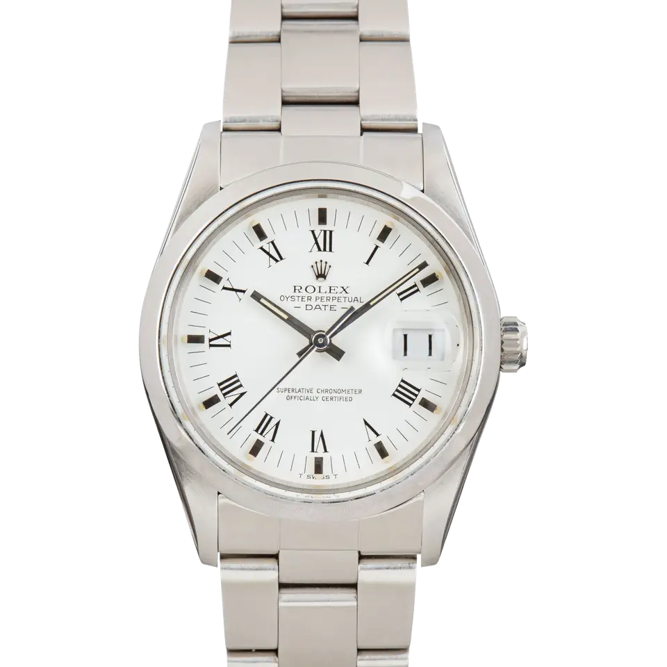 Rolex Date 15000 with a white Roman-numeral dial, engine-turned steel bezel and steel Oyster bracelet, a pre-owned example, front view of the whole watch