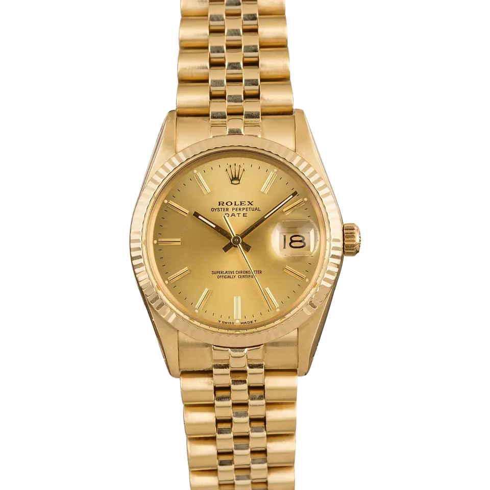 Rolex Date 15007 with a champagne dial, fluted yellow gold bezel and gold Jubilee bracelet, a pre-owned example, front view of the whole watch