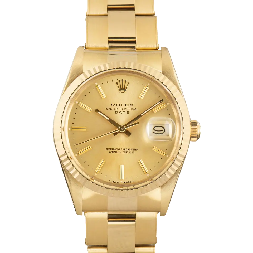 Rolex Date 15037 with a champagne dial, fluted yellow gold bezel and yellow gold Oyster bracelet, a pre-owned example, front view of the whole watch