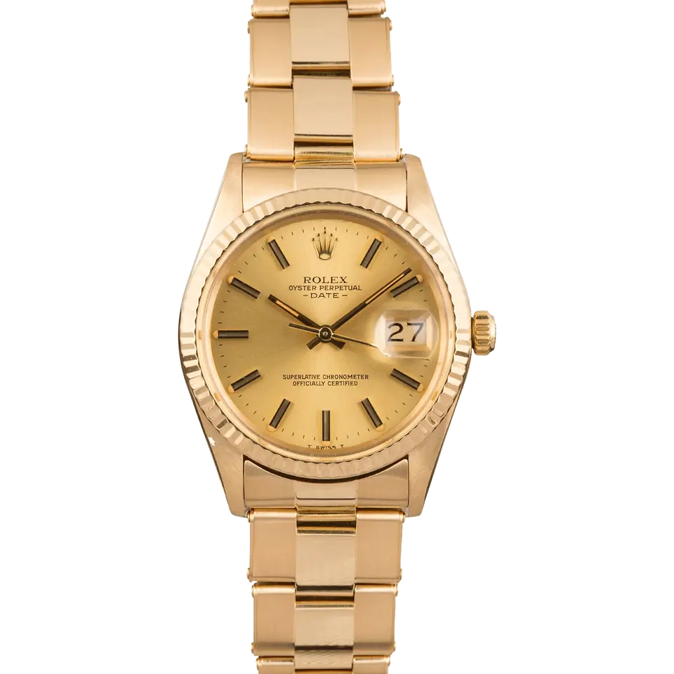Rolex Oyster Perpetual Date 34 15038 with a champagne dial, fluted yellow gold bezel and yellow gold Oyster bracelet, a pre-owned example, front view of the whole watch