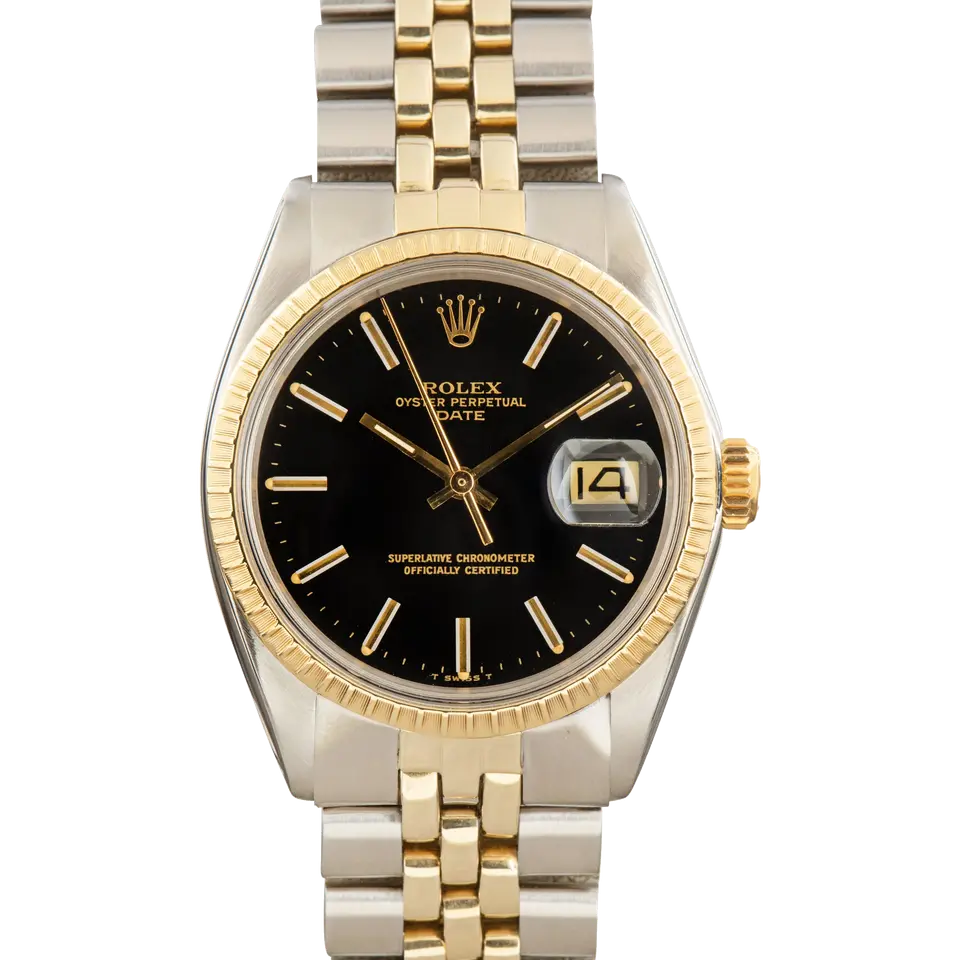 Rolex Date 1505 with a black dial, engine-turned yellow gold bezel and steel and gold Jubilee bracelet, a pre-owned example, front view of the whole watch