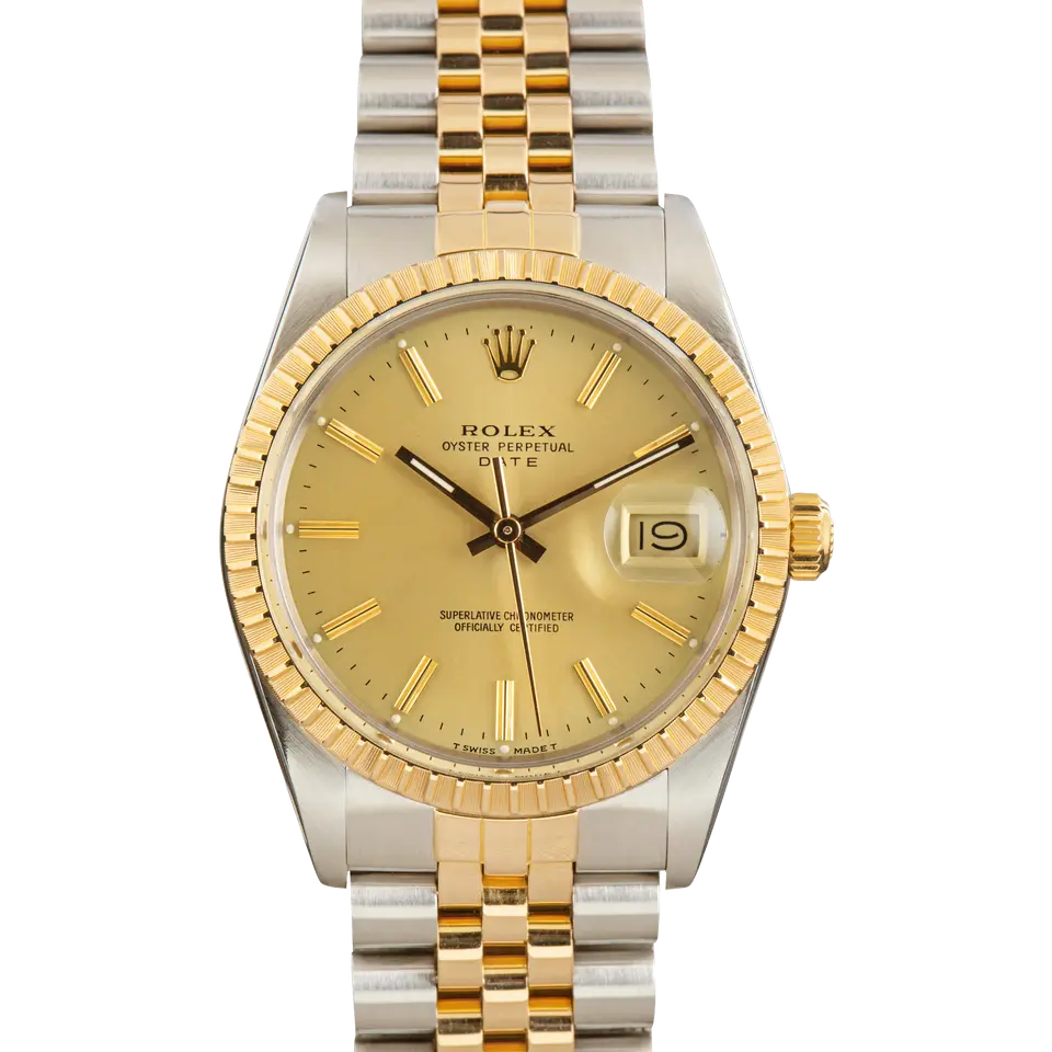 Rolex Oyster Perpetual Date 15053 with a champagne dial, engine-turned yellow gold bezel and steel and gold Jubilee bracelet, a pre-owned example, front view of the whole watch