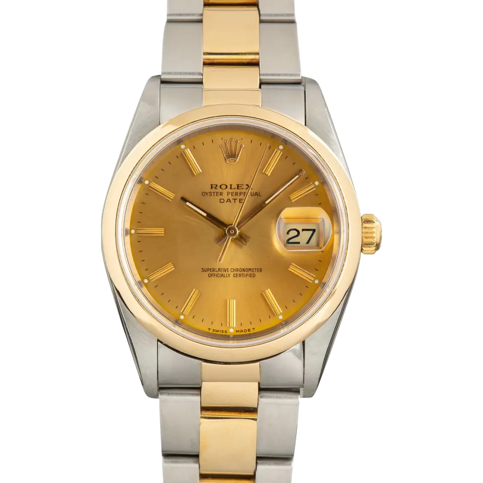 Rolex Oyster Perpetual Date 34 15203 with a champagne dial, smooth yellow gold bezel and steel and gold Oyster bracelet, a pre-owned example, front view of the whole watch