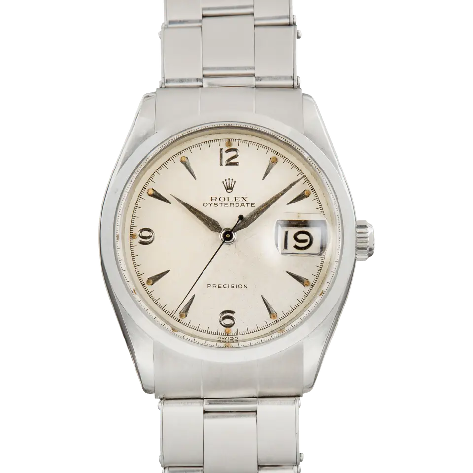 Rolex Oyster Date 6294 with a white OysterDate Precision dial with 3, 6, 9 and 12 numerals, smooth steel bezel and steel Oyster bracelet, a pre-owned example, front view of the whole watch