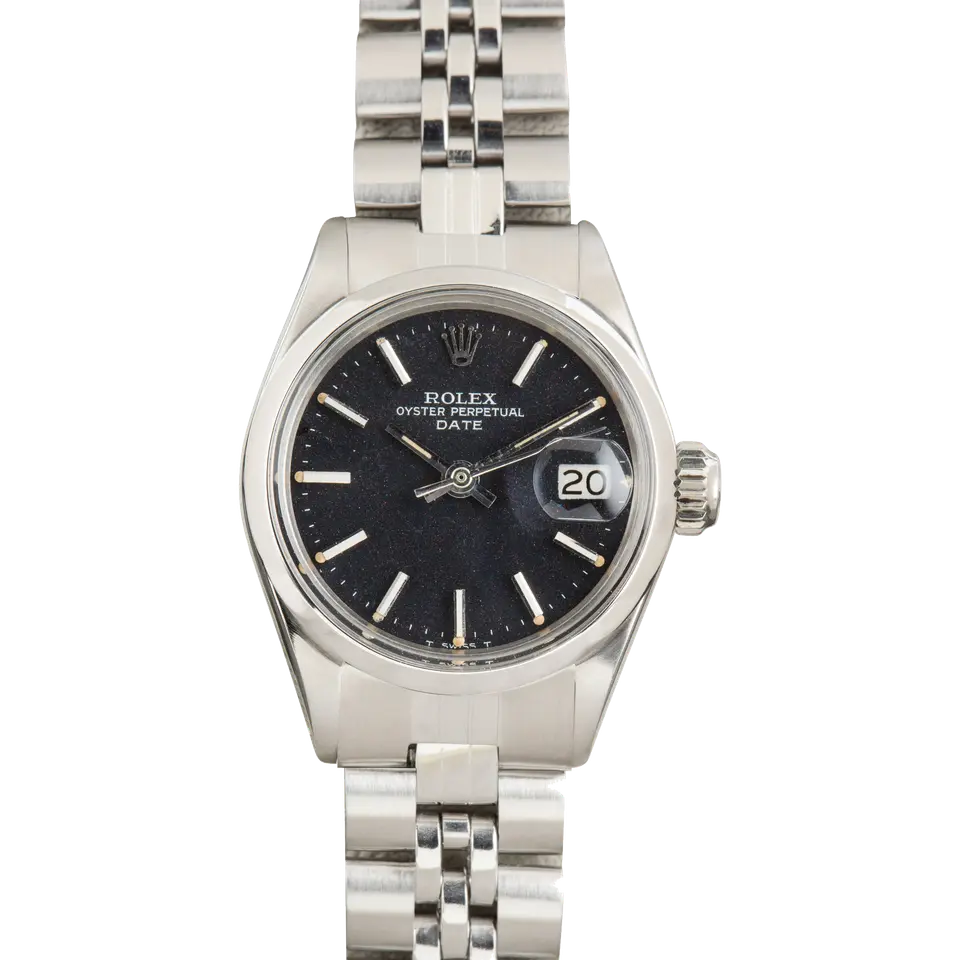 Rolex Oyster Perpetual Lady Date 26 6516 with a black dial, smooth steel bezel and steel Oyster bracelet, a pre-owned example, front view of the whole watch