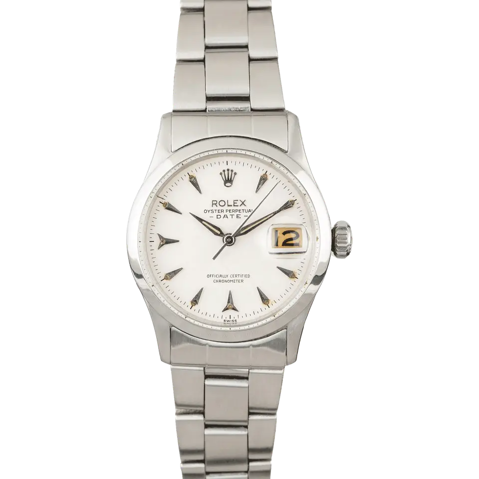 Rolex Date 6518 with a white dial with arrow markers, smooth steel bezel and steel Oyster bracelet, a pre-owned example, front view of the whole watch