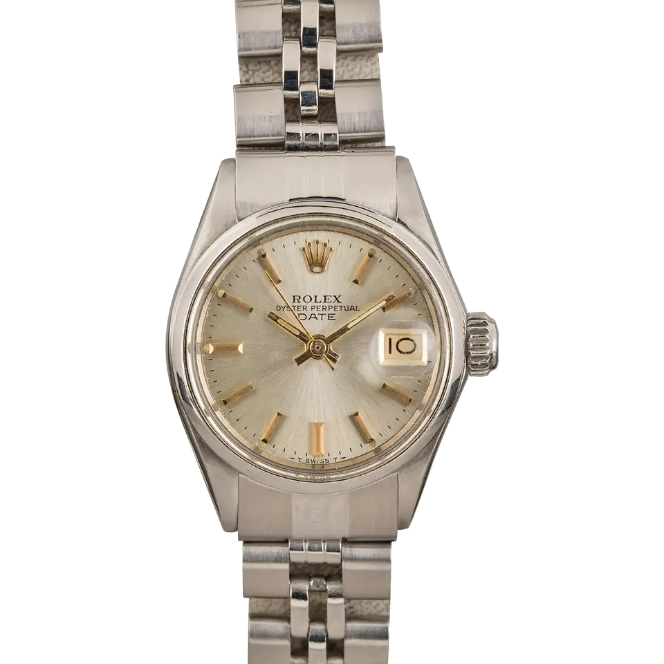 Rolex Date 6519 with a silver dial, smooth steel bezel and steel Oyster bracelet, a pre-owned example, front view of the whole watch