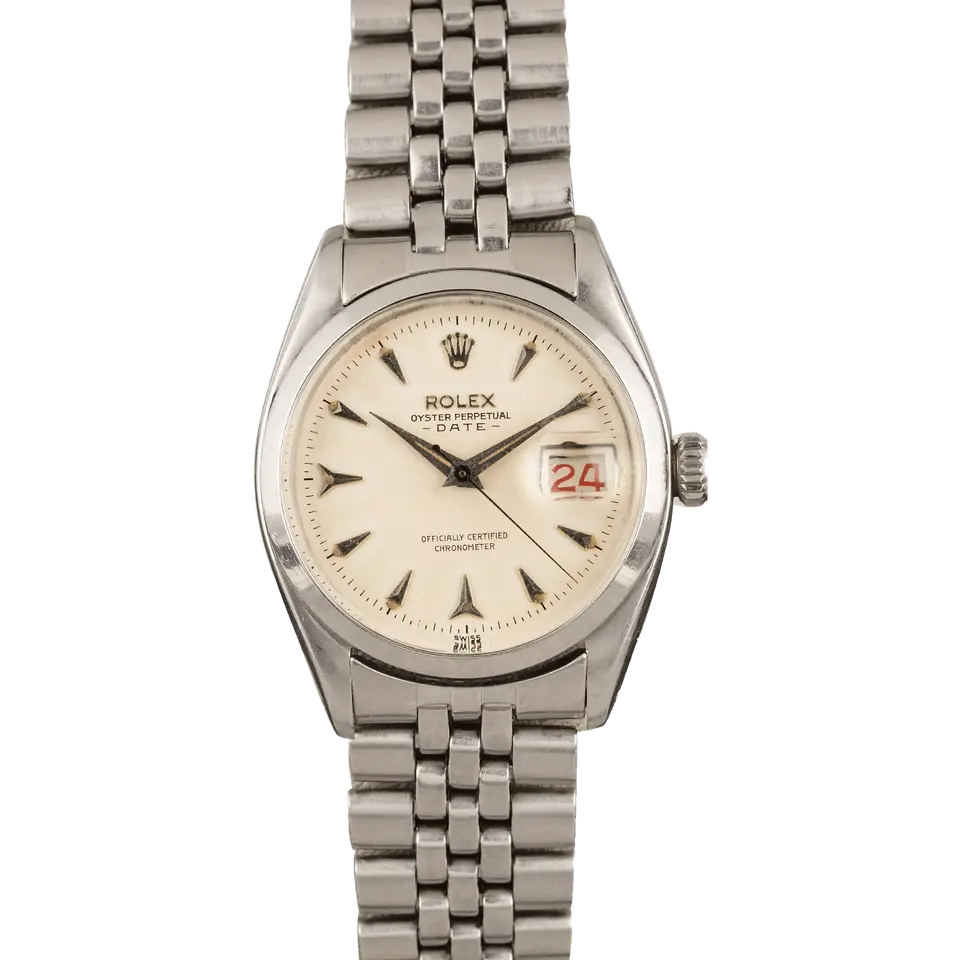 Rolex Oyster Perpetual Date 6534 with a cream dial with arrow markers, smooth steel bezel and steel Jubilee bracelet, a pre-owned example, front view of the whole watch